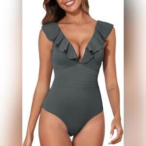 NWOT Aleumdr Women's Ruffled One Piece V Neck Tummy Control Swimsuit, XL